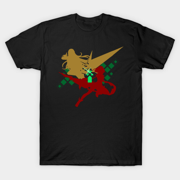 Black T-shirt with abstract design in gold, red, and green. Casual wear, cotton material, unisex style.