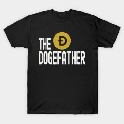 Black "The Dogefather" graphic t-shirt, unisex casual wear, cotton fabric, cryptocurrency-inspired design.
