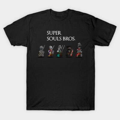 Black t-shirt featuring "Super Souls Bros" design with colorful toy figures, ideal for casual wear.