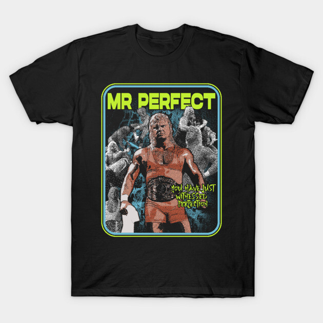 Black graphic t-shirt featuring retro wrestling design with bold text, ideal for casual wear or fans of wrestling culture.