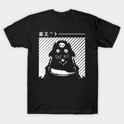 Black graphic t-shirt with white skull design and Japanese text, casual and trendy style, perfect for everyday wear.