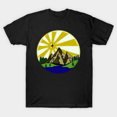 Black T-shirt featuring a mountain and sun design, ideal for outdoor enthusiasts. Casual, comfortable cotton material.