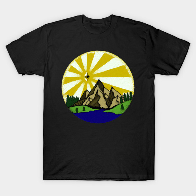Black T-shirt featuring a mountain and sun design, ideal for outdoor enthusiasts. Casual, comfortable cotton material.