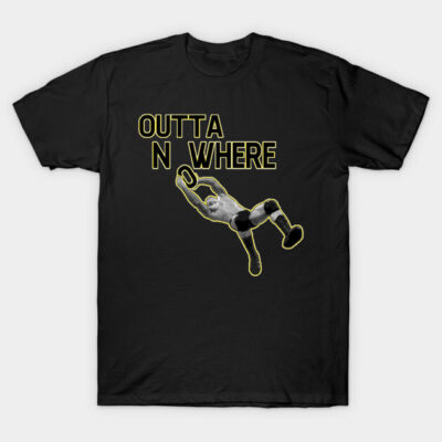 Black t-shirt with "Outta Nowhere" graphic, featuring a dynamic action figure. Casual wear, cotton material.