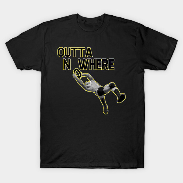 Black t-shirt with "Outta Nowhere" graphic, featuring a dynamic action figure. Casual wear, cotton material.