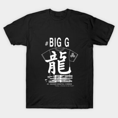 Black graphic t-shirt with bold white text and symbols, casual streetwear for digital enthusiasts.