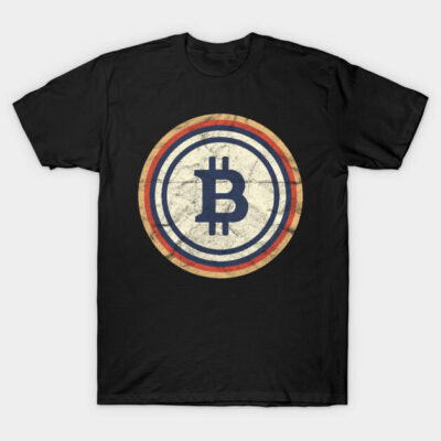Black Bitcoin logo t-shirt, vintage style, short sleeves, casual wear, cotton material, unisex fashion.