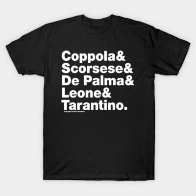 Black cotton t-shirt with bold white text design, highlighting renowned filmmakers' names, casual wear.