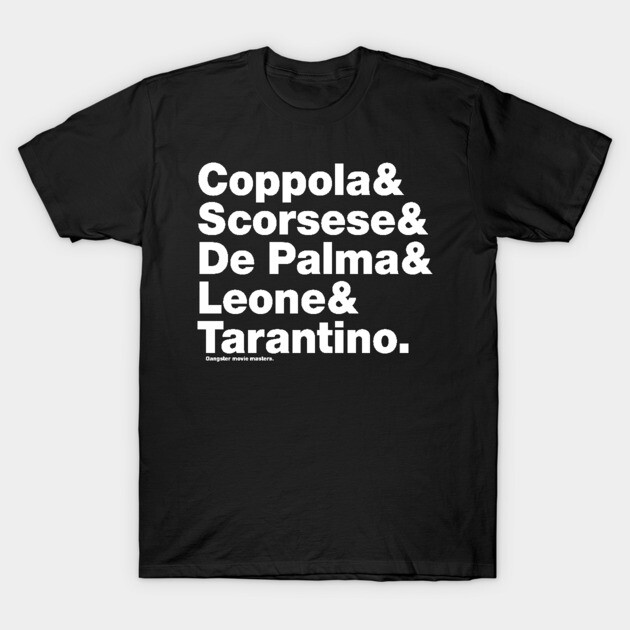 Black cotton t-shirt with bold white text design, highlighting renowned filmmakers' names, casual wear.