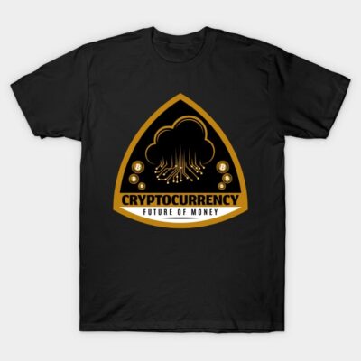 Black cryptocurrency-themed T-shirt with futuristic design and gold accents, ideal for casual wear and tech enthusiasts.