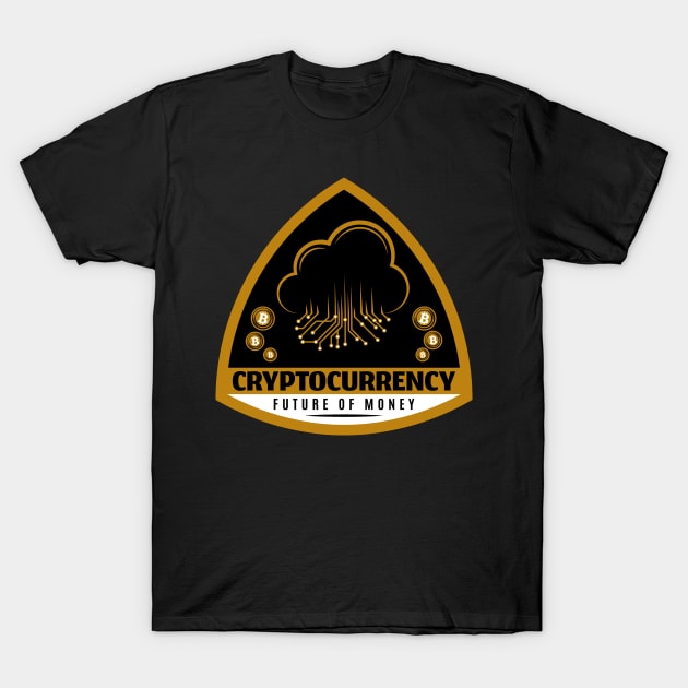 Black cryptocurrency-themed T-shirt with futuristic design and gold accents, ideal for casual wear and tech enthusiasts.
