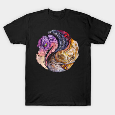 Black t-shirt with colorful abstract dragon design, cotton material, casual wear, unisex style, artistic print.