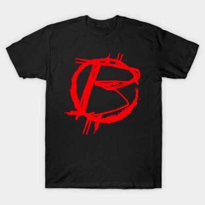Black t-shirt with red graphic logo, casual style, 100% cotton, perfect for everyday wear.