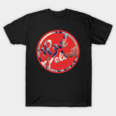 Black t-shirt with red velvet graphic design, casual style, ideal for everyday wear, made from soft cotton material.