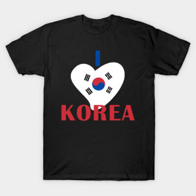 Black t-shirt with "I Love Korea" design, featuring a heart and South Korean flag, casual wear, cotton material.