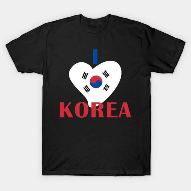 Black t-shirt with "I Love Korea" design, featuring a heart and South Korean flag, casual wear, cotton material.