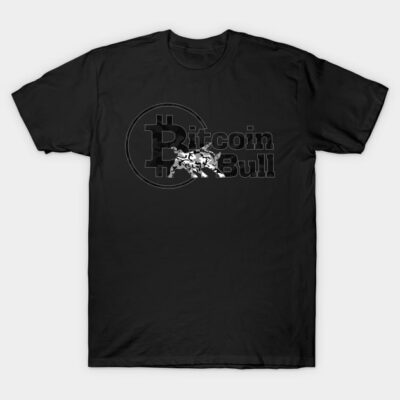 Black cotton t-shirt with "Bitcoin Bull" graphic, casual style, ideal for cryptocurrency enthusiasts.