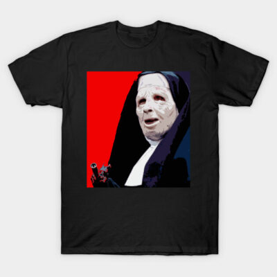 Black graphic t-shirt featuring a unique pop art design with red background, made from 100% cotton, casual wear.