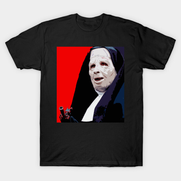 Black graphic t-shirt featuring a unique pop art design with red background, made from 100% cotton, casual wear.