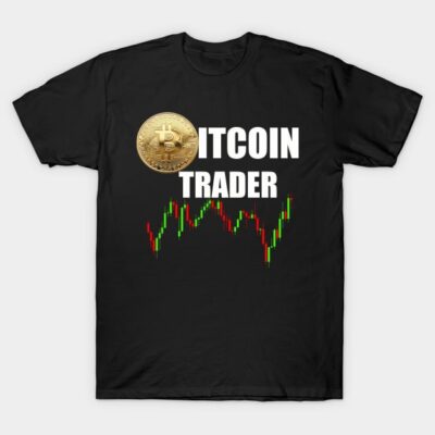 Black Bitcoin Trader T-shirt featuring gold coin graphic and stock chart design, ideal for cryptocurrency enthusiasts.