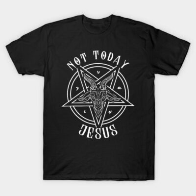 Black T-shirt with white "Not Today Jesus" graphic, featuring a goat head and pentagram design, casual wear.