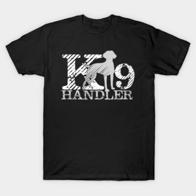 Black K9 handler t-shirt with white dog silhouette design, casual cotton wear for dog lovers and enthusiasts.