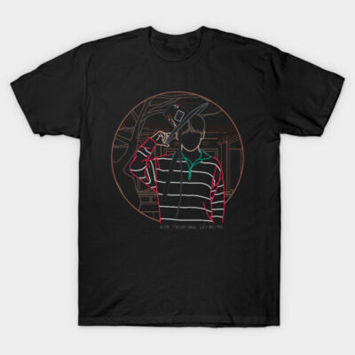 Black graphic t-shirt with colorful abstract design, cotton material, casual wear, suitable for everyday style.