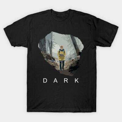 Black t-shirt with forest graphic and "DARK" text, casual style, cotton material, ideal for everyday wear.