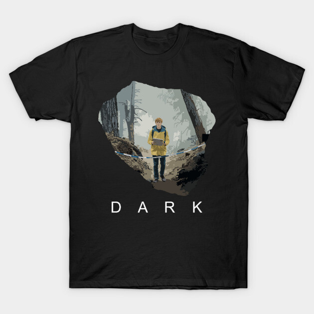 Black t-shirt with forest graphic and "DARK" text, casual style, cotton material, ideal for everyday wear.