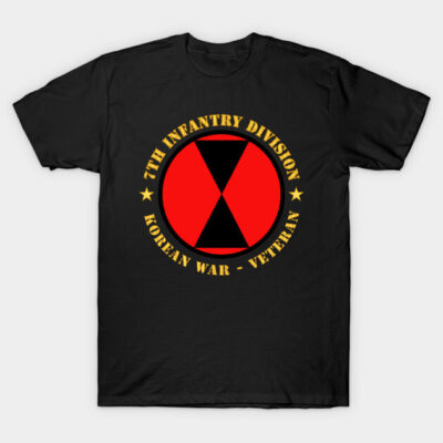 Black T-shirt with 7th Infantry Division Korean War veteran design, featuring red and gold emblem, casual wear.