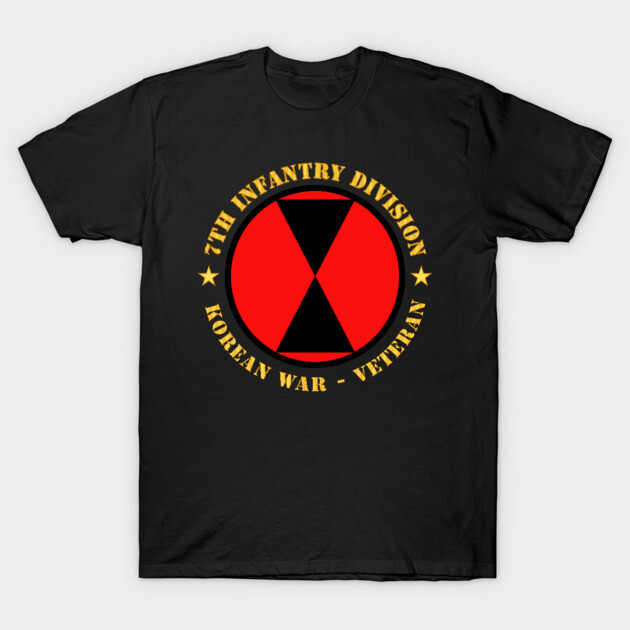 Black T-shirt with 7th Infantry Division Korean War veteran design, featuring red and gold emblem, casual wear.
