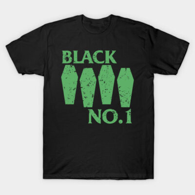 Black t-shirt with green coffin design and "Black No.1" text, casual wear, comfortable cotton material.
