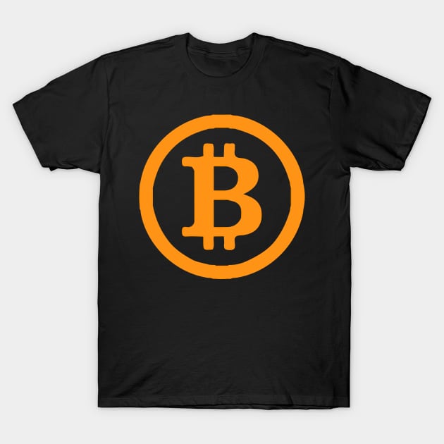 Black T-shirt with orange Bitcoin logo, casual style, cotton material, ideal for cryptocurrency enthusiasts.