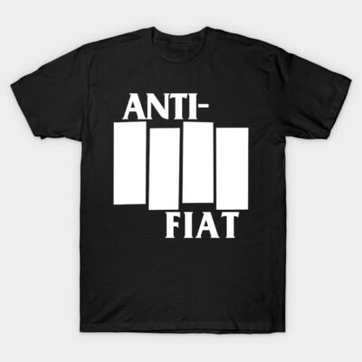 Black cotton t-shirt with bold white "ANTI-FIAT" graphic design, casual streetwear style.