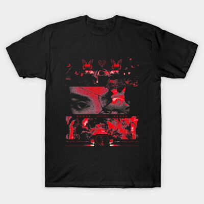 Black t-shirt with red graphic design, artistic style, casual wear, cotton material, perfect for everyday use.