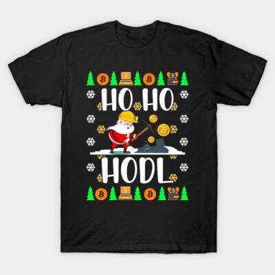 Black "Ho Ho Hodl" Christmas-themed T-shirt featuring crypto mining design with festive graphics. Ideal for holiday wear.