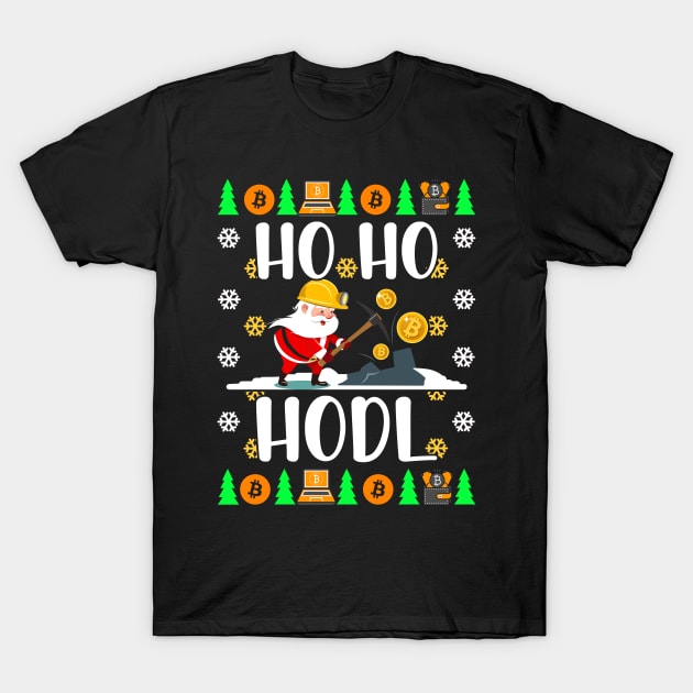 Black "Ho Ho Hodl" Christmas-themed T-shirt featuring crypto mining design with festive graphics. Ideal for holiday wear.