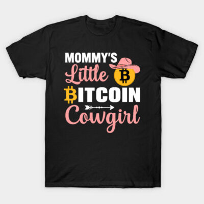 Black t-shirt with "Mommy's Little Bitcoin Cowgirl" text in pink, white, and yellow, featuring a cowboy hat graphic.