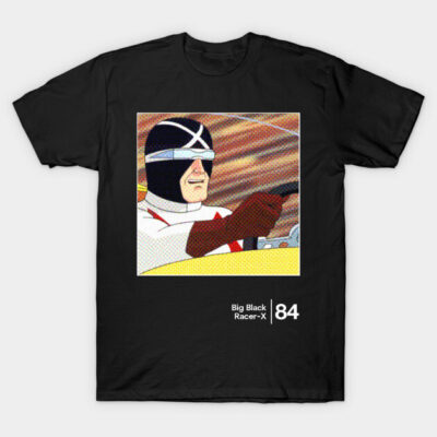Black t-shirt featuring a vintage racer design, ideal for motorsport enthusiasts. Comfortable cotton material.