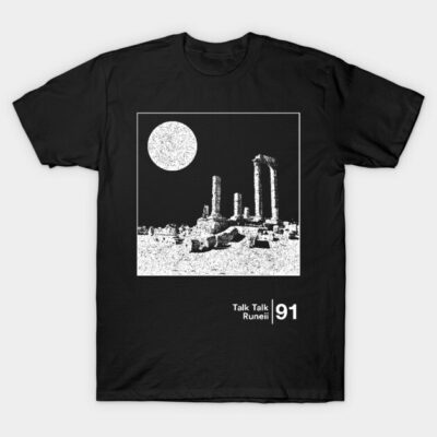 Black t-shirt with ancient ruins graphic design, featuring moon and text, casual style, perfect for everyday wear.