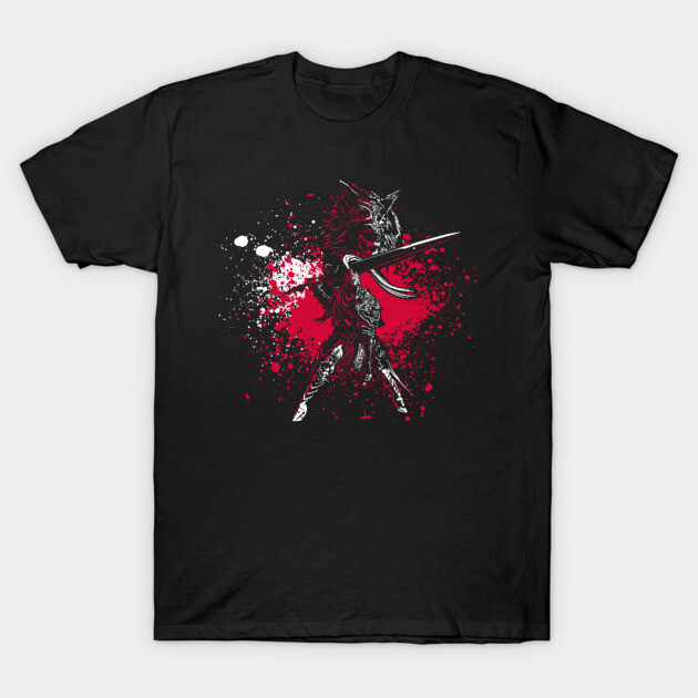 Black cotton t-shirt with red and white abstract warrior design, perfect for casual wear or gifting.