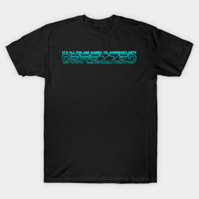 Black graphic T-shirt with turquoise digital text design, casual unisex style, cotton material.