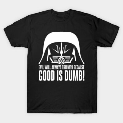Black graphic t-shirt with white text and helmet design, casual wear, cotton material, humorous statement print.