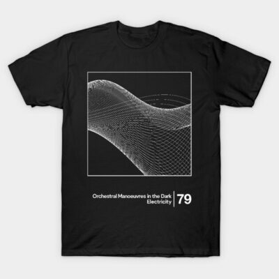 Black graphic t-shirt with abstract wave design, featuring text "Orchestral Manoeuvres in the Dark Electricity 79".