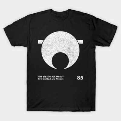 Black graphic t-shirt with white abstract design and text "The Sisters of Mercy, First and Last and Always, 85".