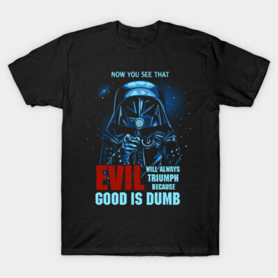 Black graphic t-shirt with sci-fi villain and humorous quote, cotton material, unisex casual wear.
