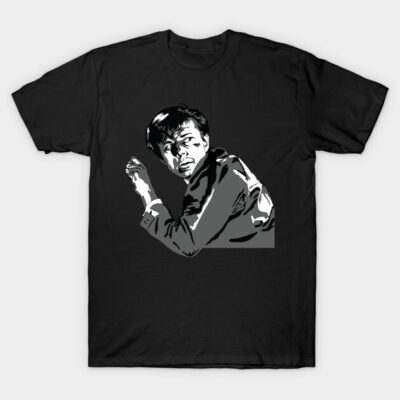 Black graphic T-shirt featuring monochrome artistic print, casual style, cotton material, ideal for everyday wear.