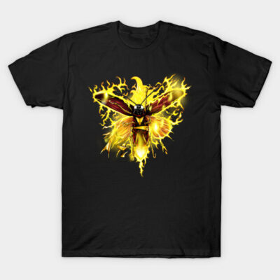Black T-shirt with fiery hornet design, vibrant yellow and red colors, casual cotton wear for everyday style.