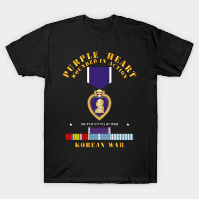 Black t-shirt featuring Purple Heart Korean War design, military theme, cotton material, casual style.