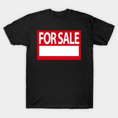 Black cotton t-shirt with bold red and white "For Sale" graphic, casual style, perfect for everyday wear.